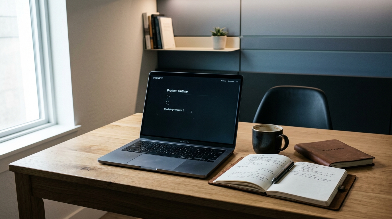 A small wooden desk in a brightly lit office with a single laptop open, mid-workflow. On the desk: a notebook, pen, a half-full coffee mug. The laptop screen gl