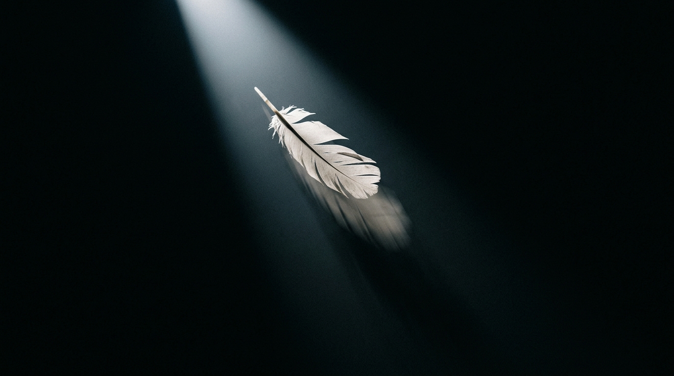 Visual metaphor for: being invisible to an unseen inquiry. A feather caught mid-fall through a single hard spotlight on a dark background, motion-blurred downwa